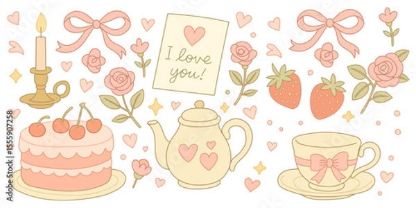 Obraz Set of hand drawn coquette elements for Valentines day. Collection of hand-drawn, romantic illustrations in soft pink tones. It includes various elements commonly associated with love and affection.