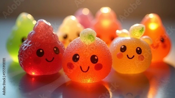 Fototapeta Different cheerful gummy candy figures in various colors sit together on a bright backdrop, 3d render