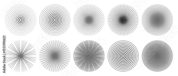 Fototapeta Black halftone radial dotted circles collection abstract graphic set motion illusion pattern burst digital vortex round minimal background contrast vector design symmetrical element on transparent