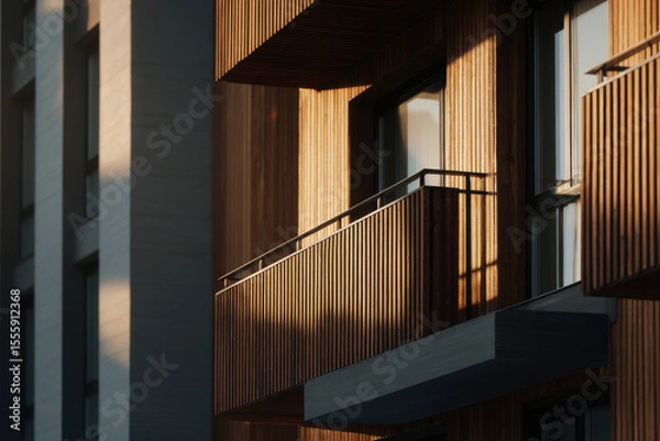 Obraz closeup of modern wooden building facades highlighting their sustainable design features