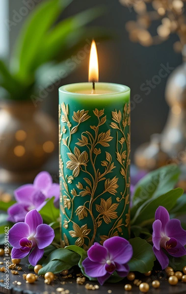 Fototapeta Candlelight glow illuminates delicate orchids, a  decoration for holiday nights