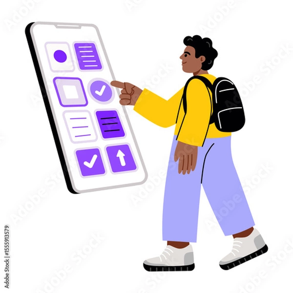 Fototapeta A flat style illustration showing a person using an education app