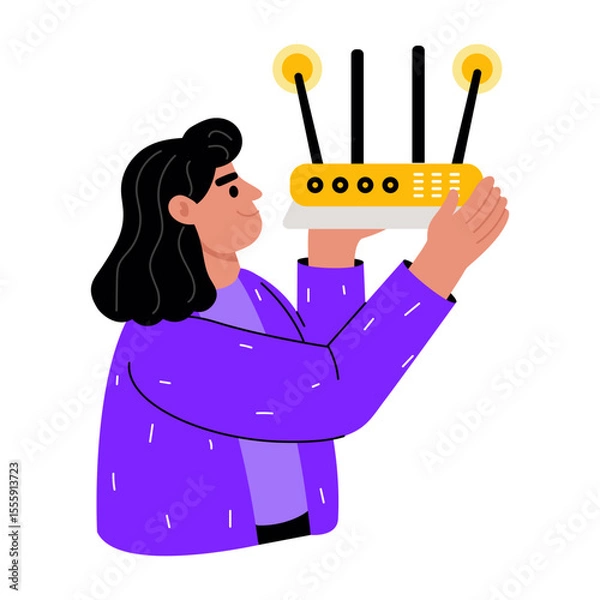 Fototapeta A flat style illustration showing a person holding a router
