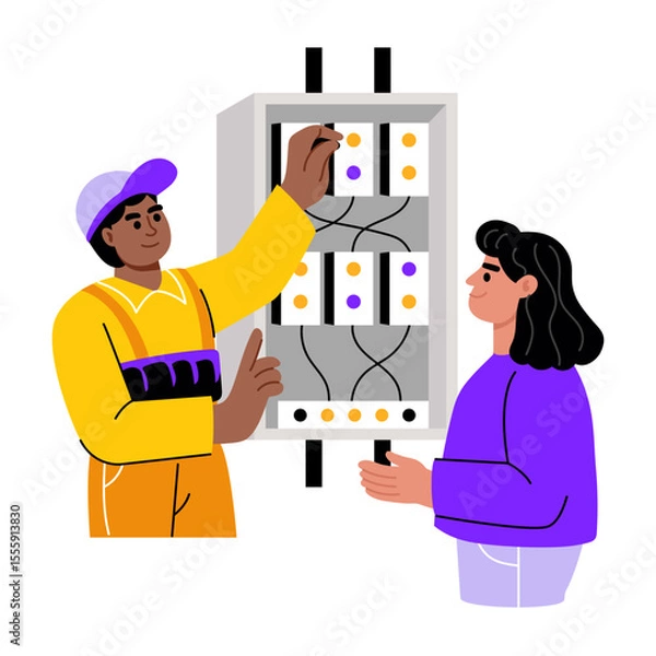 Fototapeta A flat style illustration showing a person doing switch maintenance