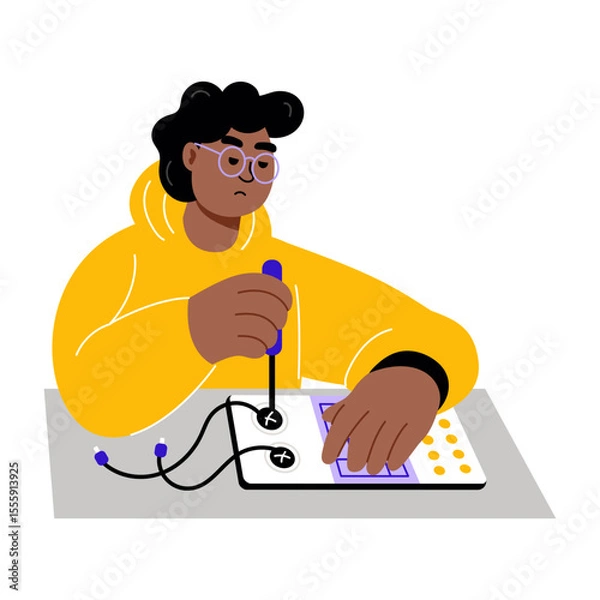 Fototapeta A flat style illustration showing a person repairing circuit board