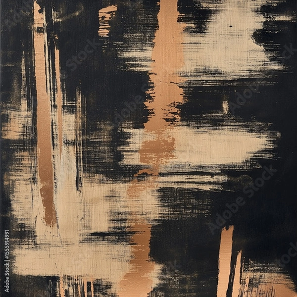 Fototapeta Abstract brush stroke in beige and copper on jet-black canvas texture,