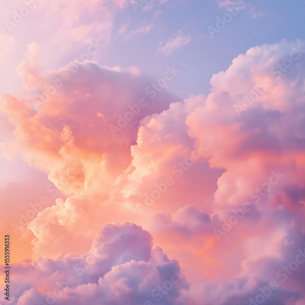 Fototapeta Close-up of cotton candy clouds during a pink sunset, dreamy sky