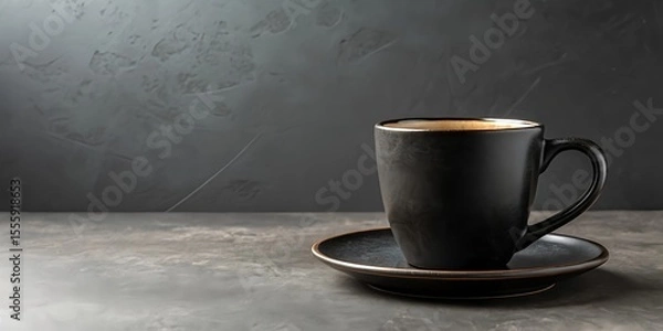 Fototapeta Steaming coffee sits in a dark mug on a gray textured surface, inviting a moment of warmth and comfort.