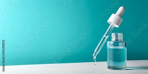 Fototapeta Serum bottle with dropper showcasing skincare essence against a soft turquoise backdrop, promoting wellness and self care.