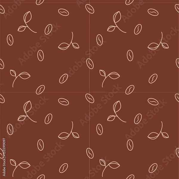 Obraz Pattern with coffee beans and branches on brown chocolate background.