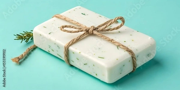 Fototapeta Rosemary scented soap bar with natural twine adorns a calming turquoise background for a spa-like aesthetic.