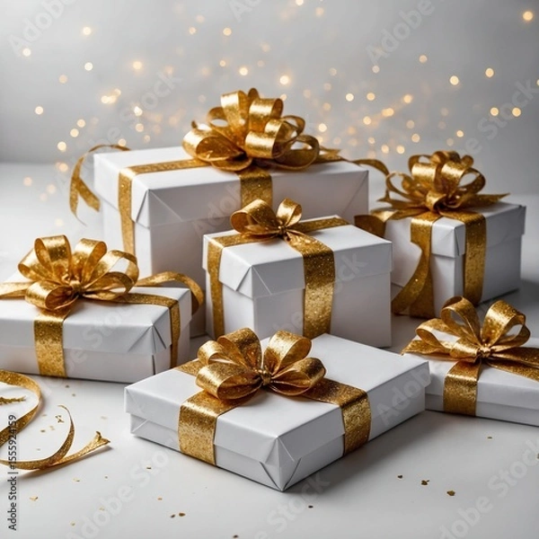 Fototapeta Elegant festive gift boxes wrapped in white paper with glittery golden bows for a luxurious holiday presentation
