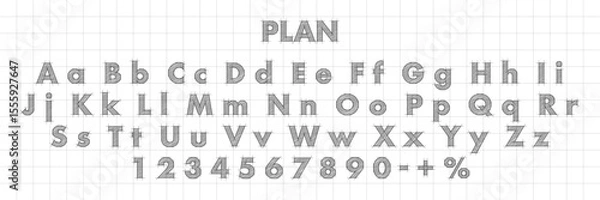 Obraz Blueprint font. Architectural typeface. Technical drawing alphabet with geometric construction guides, capital and lowercase letters, numbers, and symbols. Graphic vector illustration.
