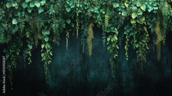 Fototapeta Lush green wall covered in exotic ferns and hanging vines. Dark botanical background. Space for text