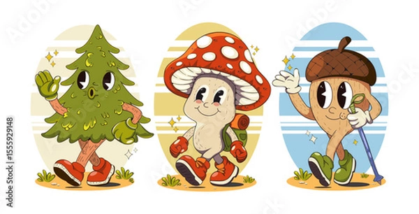 Fototapeta Summer forest characters in retro hiking style. Cute mushroom, acorn, pine tree with shoes, backpack, and walking stick. Funky nature friends vector set