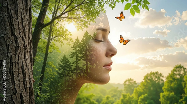 Fototapeta Double exposure woman and forest, serene female profile blended with forest trees and butterflies in soft light. For wellness ads, eco posters, mental health campaigns, and nature blogs.