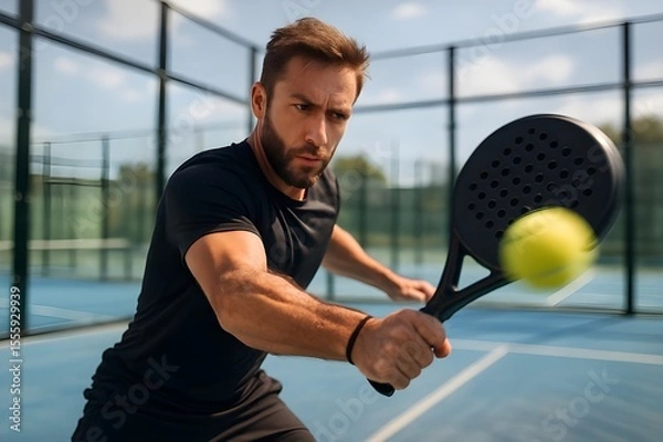 Fototapeta Focused man hitting a padel ball during an intense outdoor match on a modern court. Male athlete playing padel tennis in action with dynamic movement. Professional padel player. Active sport. Tennis. 