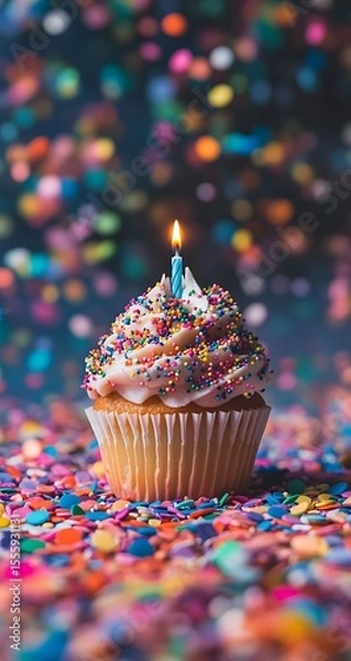 Fototapeta A cupcake with colorful sprinkles and a candle, placed on top of confetti for a lovely birthday celebration.