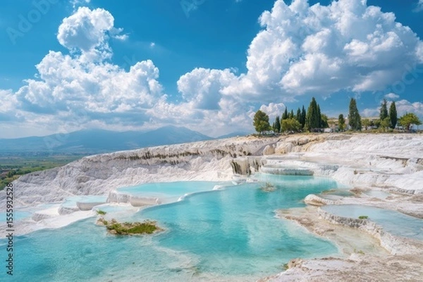 Fototapeta Sun-drenched turquoise pools cascade down a white travertine hillside, under a vibrant blue sky dotted with fluffy clouds; distant mountains and a grove of trees complete the picturesque scene