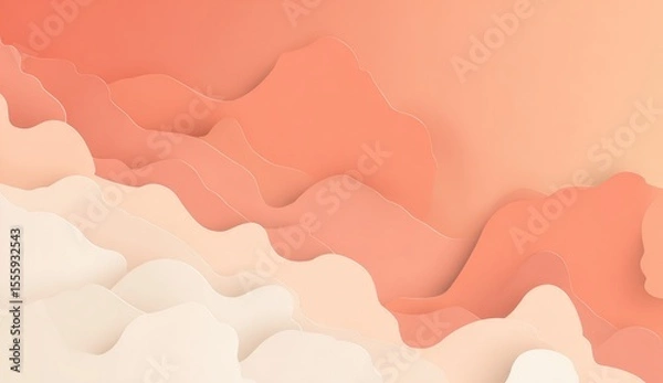 Fototapeta Abstract coral and cream layered papercut design with undulating, cloud-like forms creating a soft, dreamy landscape
