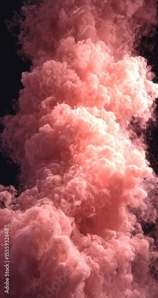 Fototapeta A vertical image of a swirling, dense, rose-pink smoke plume against a stark black background.  The smoke is illuminated from within, creating a soft, ethereal glow