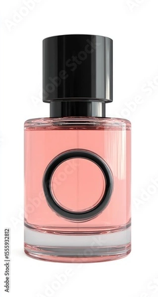 Fototapeta A translucent, light-coral perfume bottle with a black cap and a circular design on the label, set against a white background
