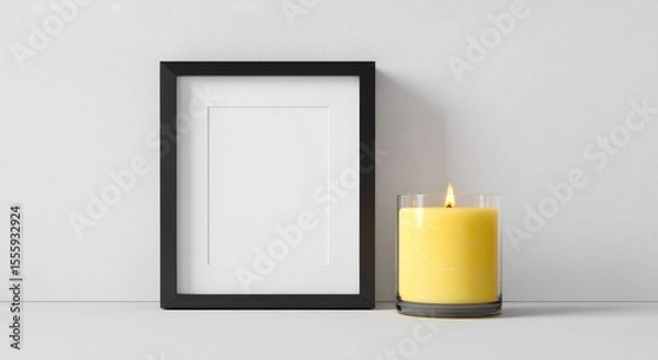 Fototapeta A black frame and a lit yellow candle in a clear glass jar sit on a minimalist white surface against a white background