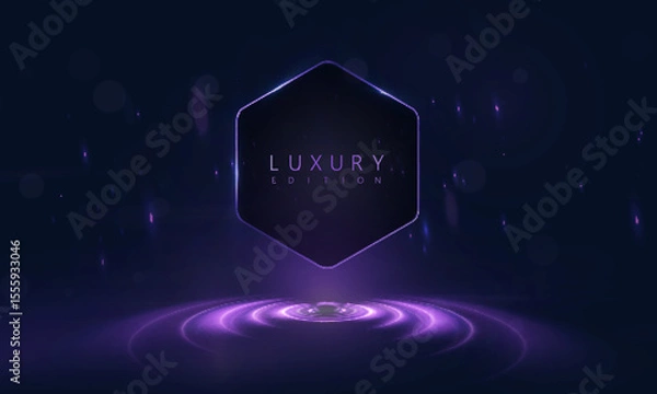 Obraz Dark background with hexagonal shape and glowing rings on the virtual stage. Emphasized elegance and futurism for branding or UI solutions.