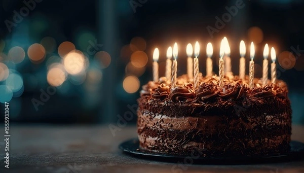 Fototapeta A decadent chocolate cake, frosted and adorned with numerous lit candles, sits on a dark surface against a bokeh background