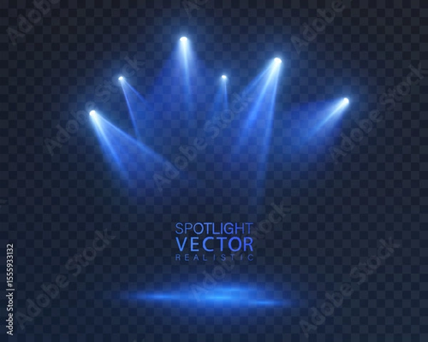 Obraz Stage spotlights with blue glow and bright downward beams. Realistic vector spotlight for stages, presentations and show design.