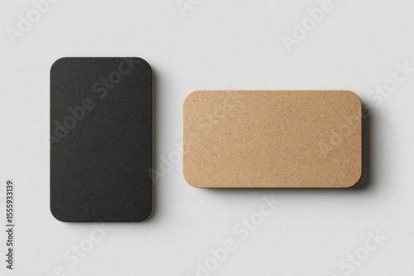 Fototapeta Two rounded-corner cards, one black, one kraft, on a white background; showcasing texture and minimal design