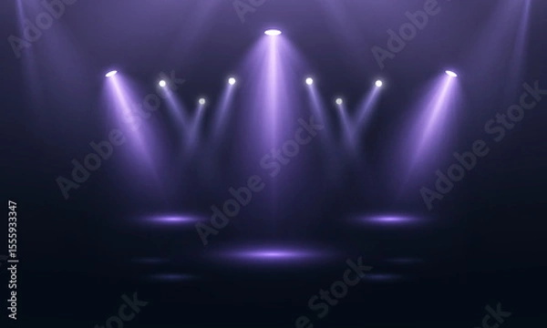 Obraz Stage spotlights with violet glow and downward beams. Realistic vector spotlights for stages, presentations and show design.