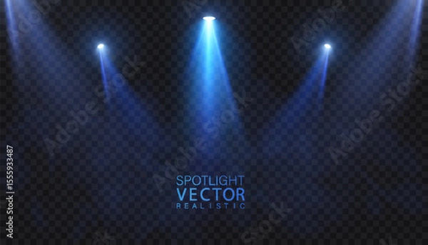 Obraz Stage spotlights with blue glow and bright downward beams. Realistic vector spotlight for stages, presentations and show design.