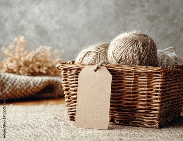 Fototapeta A wicker basket holds beige yarn balls; a blank tag hangs from the basket's side, set against a rustic backdrop