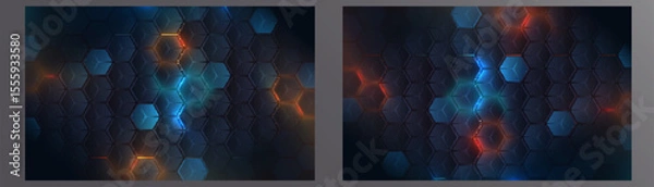 Obraz Hi-tech hexagonal vector background with bright light honeycombs in dark color scheme. Used in interfaces, futuristic panels and data visualizations.