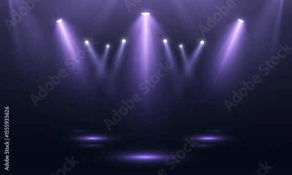 Obraz Stage spotlights with violet glow and downward beams. Realistic vector spotlights for stages, presentations and show design.