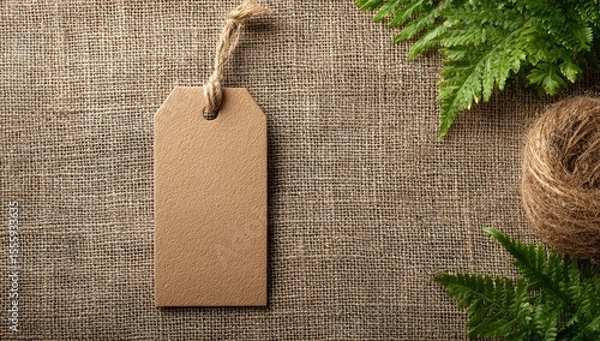 Fototapeta Blank kraft tag on burlap, twine, and ferns