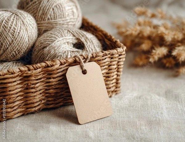 Fototapeta A wicker basket holds several balls of light beige yarn; a blank brown tag hangs from the basket's edge, next to dried flowers on a linen surface