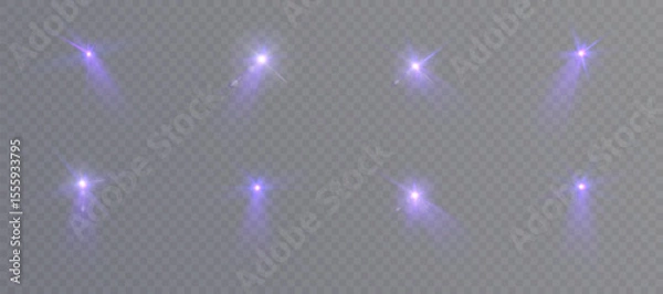 Obraz Collection of purple light glares with rays on transparent background. Bright light rays, reflections from shapes, lenses. Used for glow effects.