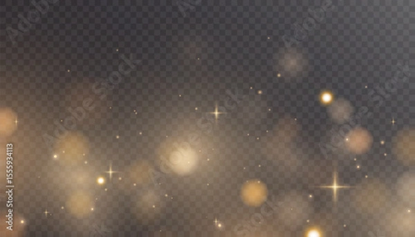 Obraz Gold dust light bokeh. Christmas glowing bokeh and glitter overlay texture for your design on a transparent background. Golden particles abstract vector background.	
