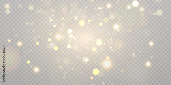 Obraz Gold dust light bokeh. Christmas glowing bokeh and glitter overlay texture for your design on a transparent background. Golden particles abstract vector background.	
