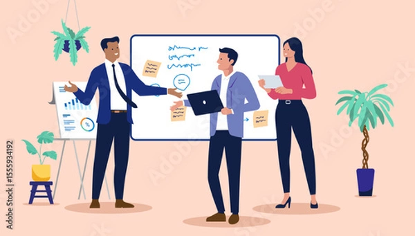 Obraz Three business professionals working in an office, with two engaging in a discussion by a whiteboard with sticky notes and one using a laptop. Flat design vector illustration