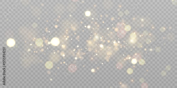 Obraz Gold dust light bokeh. Christmas glowing bokeh and glitter overlay texture for your design on a transparent background. Golden particles abstract vector background.	
