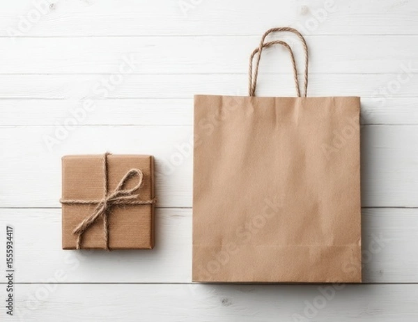 Fototapeta A small, twine-tied gift box rests beside a larger, empty kraft paper shopping bag on a white wood surface