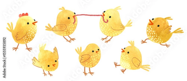 Fototapeta Adorable watercolor illustration of a set of playful yellow chicks.