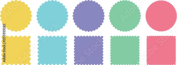 Fototapeta Colorful Rectangle Frames with Wavy Borders and Decorative Geometric Shapes, Scalloped, Zigzag, and Circular Silhouette Sticker Set for Scrapbooking, Design, and Craft Projects.