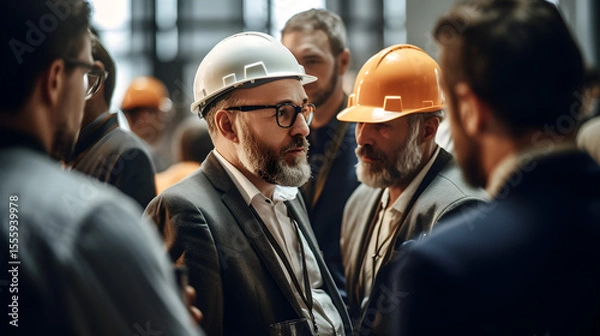 Obraz Business networking event concept. Professionals exchanging contact information and building industry connections at conference.