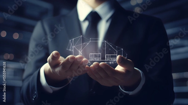 Obraz Businessman holding supply chain icon for Logistic management, organizing and controlling resources to meet the needs of customers. Logistic and transport concept.