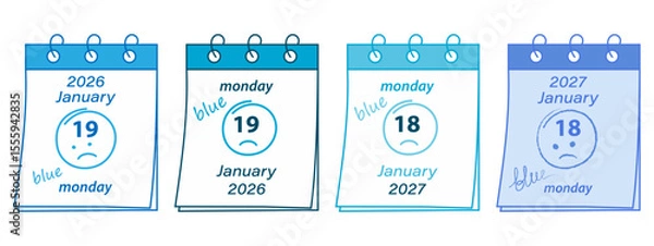 Fototapeta Simple Calendar page with Sad emoticon and Blue Monday Date in January 2026, 2027, 2028, 2029 Bundle