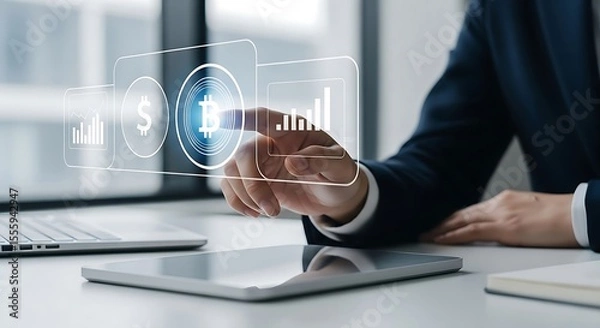 Fototapeta Businessman analyzing digital finance trends with virtual chart, bitcoin, and dollar signs on a futuristic interface